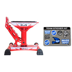 Matrix Concepts LS-ONE Lift Stand /Mass Depot Sticker Pack - Red | Foot-Operated 500 lb Motorcycle Lift | Carbon Steel Motocross Dirt Bike Jack | Self-Locking Pedal & Wide Platform with Carry Handles