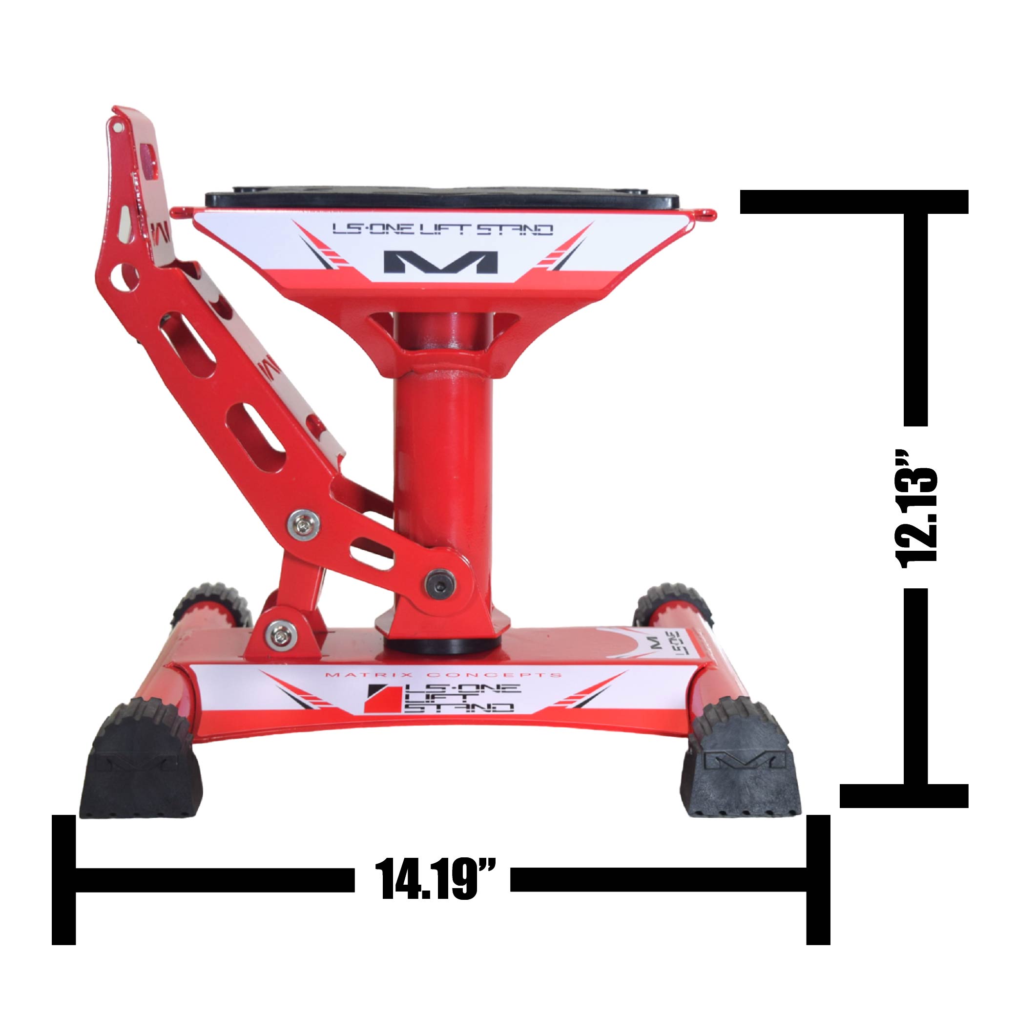 Matrix Concepts LS-ONE Lift Stand /Mass Depot Sticker Pack - Red | Foot-Operated 500 lb Motorcycle Lift | Carbon Steel Motocross Dirt Bike Jack | Self-Locking Pedal & Wide Platform with Carry Handles
