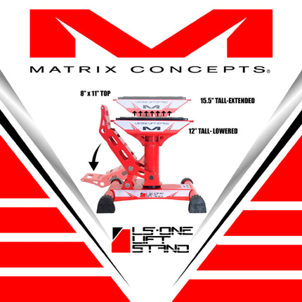 Matrix Concepts LS-ONE Lift Stand - Red | Foot-Operated 500 lb Motorcycle Lift | Carbon Steel Motocross Dirt Bike Jack | Self-Locking Pedal & Wide Platform with Carry Handles