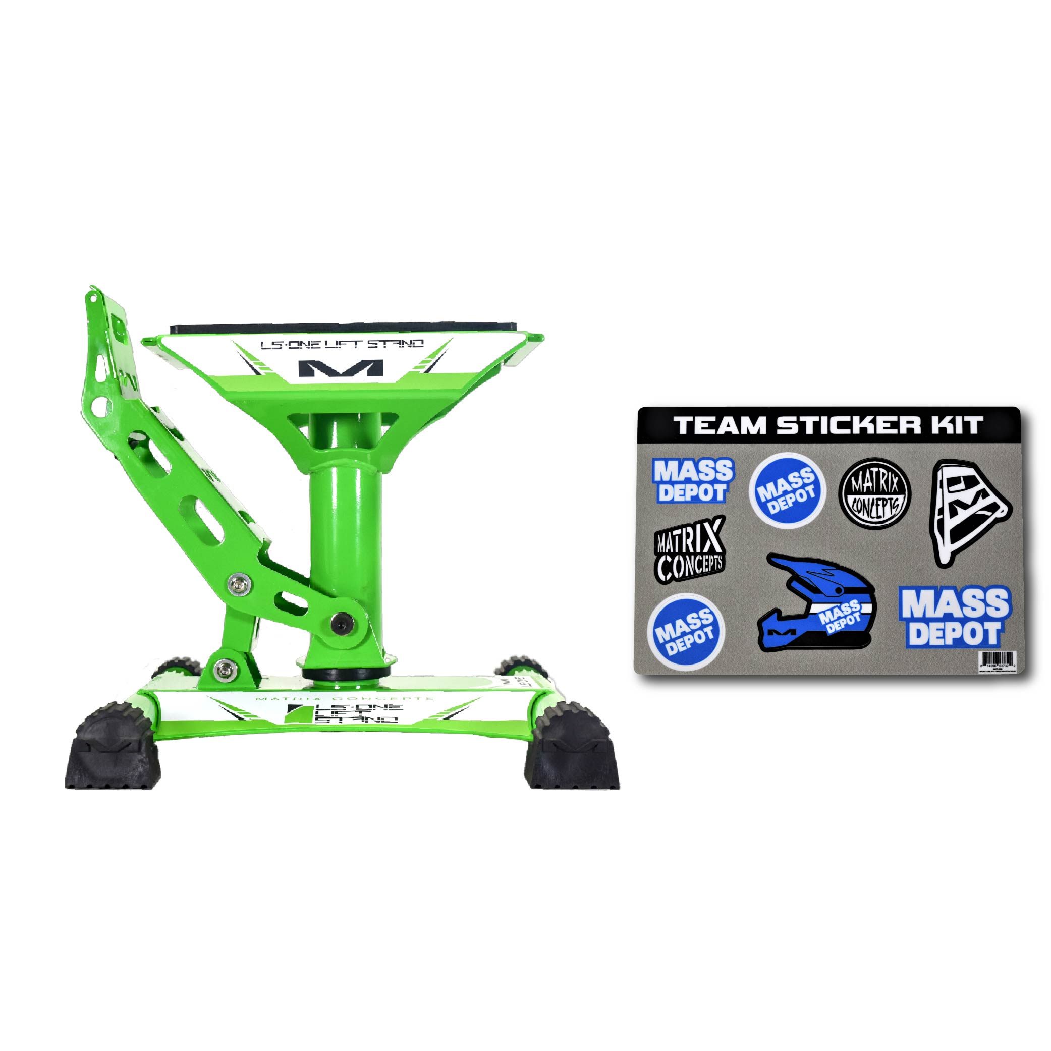 Matrix Concepts LS-ONE Lift Stand /Mass Depot Sticker Pack - Green | Foot-Operated 500 lb Motorcycle Lift | Carbon Steel Motocross Dirt Bike Jack | Self-Locking Pedal & Wide Platform w/ Carry Handles