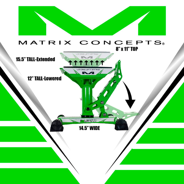 Matrix Concepts LS-ONE Lift Stand /Mass Depot Sticker Pack - Green | Foot-Operated 500 lb Motorcycle Lift | Carbon Steel Motocross Dirt Bike Jack | Self-Locking Pedal & Wide Platform w/ Carry Handles