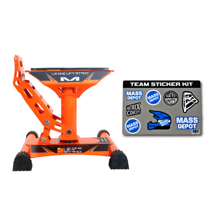 Matrix Concepts LS-ONE Lift Stand /Mass Depot Sticker Pack-Orange | Foot-Operated 500 lb Motorcycle Lift | Carbon Steel Motocross Dirt Bike Jack | Self-Locking Pedal & Wide Platform w/ Carry Handles