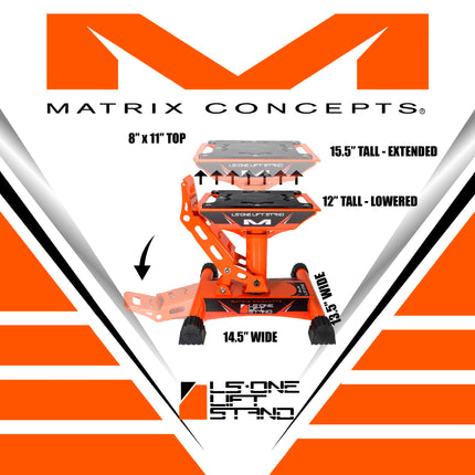 Matrix Concepts LS-ONE Lift Stand /Mass Depot Sticker Pack-Orange | Foot-Operated 500 lb Motorcycle Lift | Carbon Steel Motocross Dirt Bike Jack | Self-Locking Pedal & Wide Platform w/ Carry Handles