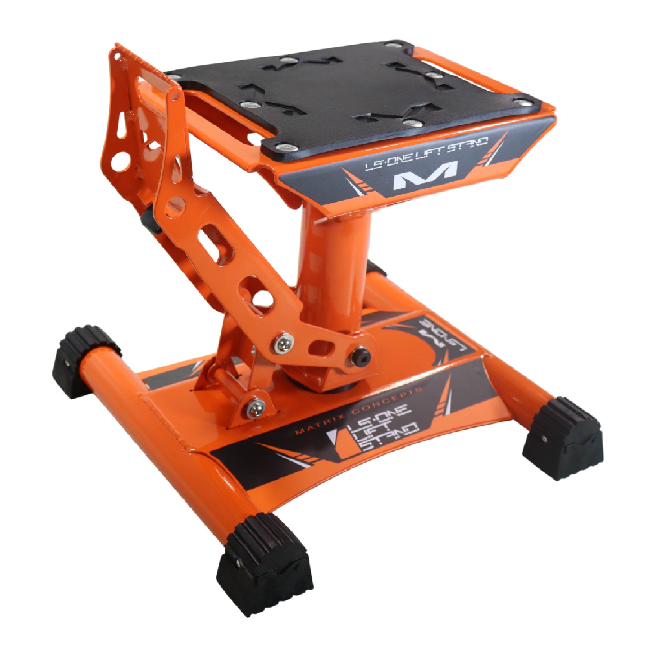 Matrix Concepts LS-ONE Lift Stand /Mass Depot Sticker Pack-Orange | Foot-Operated 500 lb Motorcycle Lift | Carbon Steel Motocross Dirt Bike Jack | Self-Locking Pedal & Wide Platform w/ Carry Handles