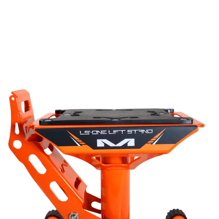 Matrix Concepts LS-ONE Lift Stand /Mass Depot Sticker Pack-Orange | Foot-Operated 500 lb Motorcycle Lift | Carbon Steel Motocross Dirt Bike Jack | Self-Locking Pedal & Wide Platform w/ Carry Handles