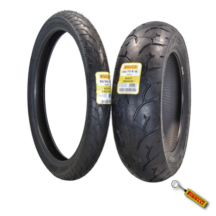 Pirelli Night Dragon Tire Set: 90/90-21 M/C 54H TL Front & 180/70R16 M/C 77H TL Rear - Superior Traction & Handling for High-Performance Cruisers with Keychain