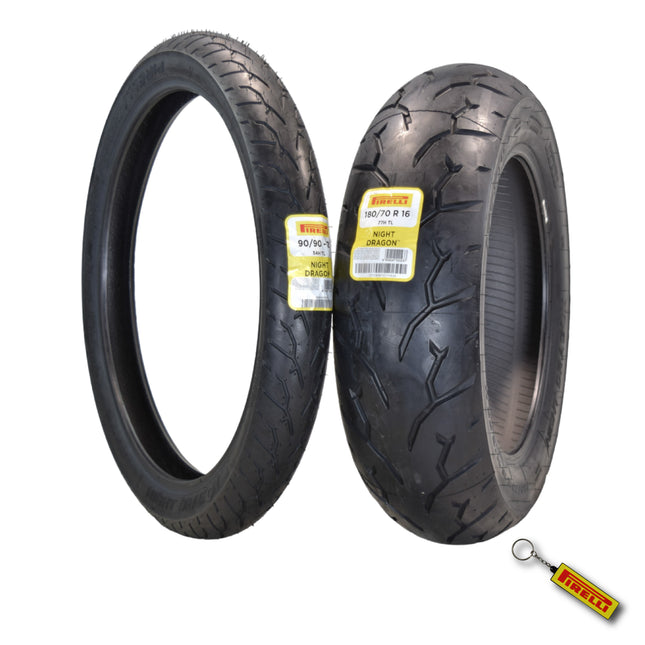 Pirelli Night Dragon Tire Set: 90/90-21 M/C 54H TL Front & 180/70R16 M/C 77H TL Rear - Superior Traction & Handling for High-Performance Cruisers with Keychain