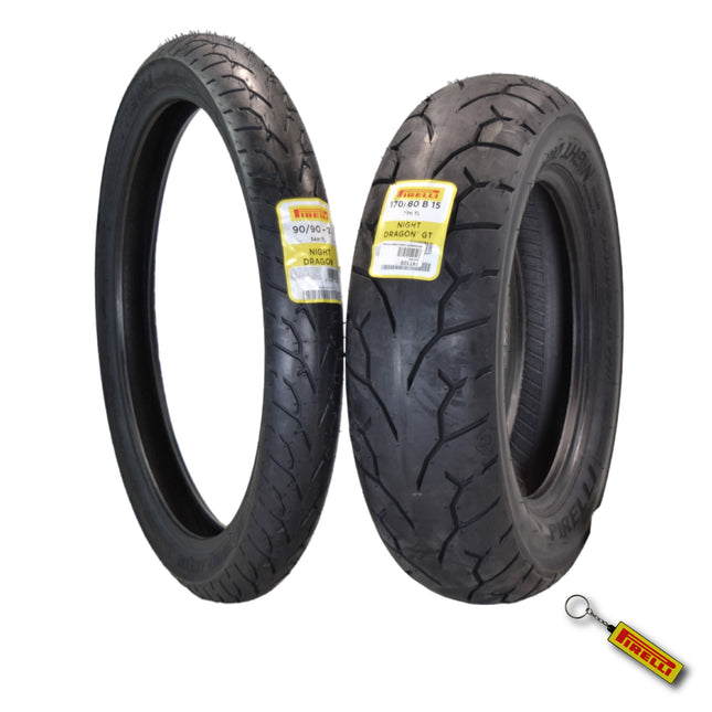 Pirelli Night Dragon Tire Set: 90/90-21 M/C 54H TL Front & 170/80B15 M/C 77H TL Rear Cruiser Motorcycle Tires - Superior Traction & Handling for High-Performance Cruisers w/ Keychain