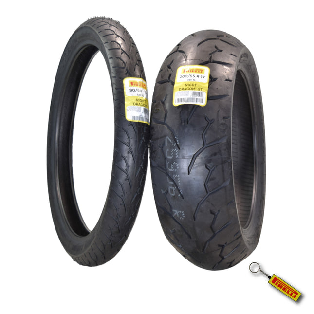 Pirelli Night Dragon Tire Set: 90/90-21 M/C 54H TL Front & 200/55R17 M/C 78V TL Rear Cruiser Motorcycle Tires - Superior Traction & Handling for High-Performance Cruisers w/ Keychain