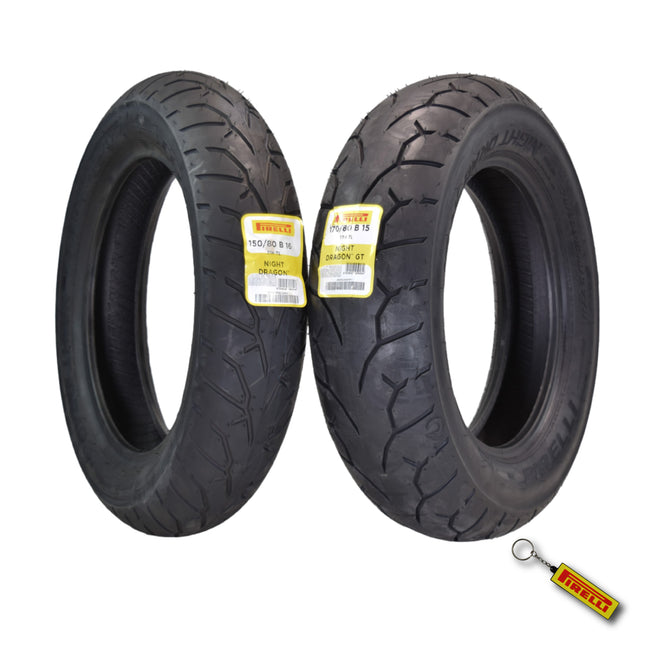 Pirelli Night Dragon Tire Set: 150/80B16 M/C 71H TL Front & 170/80B15 M/C 77H TL Rear Cruiser Motorcycle Tires - Superior Traction & Handling for High-Performance Cruisers with Keychain