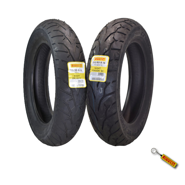 Pirelli Night Dragon Tire Set: 150/80B16 M/C 71H TL Front & 150/80B16 M/C 77H REINFTL Rear Cruiser Motorcycle Tires - Superior Traction & Handling for High-Performance Cruisers with Keychain