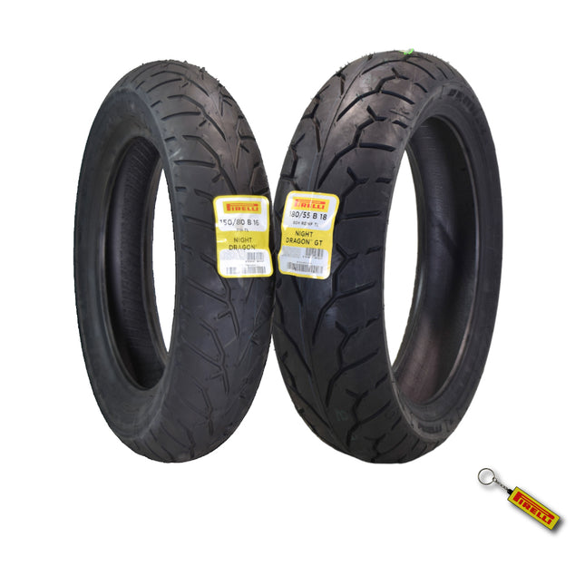 Pirelli Night Dragon Tire Set: 150/80B16 M/C 71H TL Front & 180/55B18 M/C 80H REINFTL Rear Cruiser Motorcycle Tires - Superior Traction & Handling for High-Performance Cruisers with Keychain