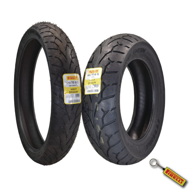 Pirelli Night Dragon Tire Set: 120/70B21 M/C 68H REINFTL Front & 180/70B15 M/C 76H TL Rear Cruiser Motorcycle Tires - Superior Traction & Handling for High-Performance Cruisers with Keychain