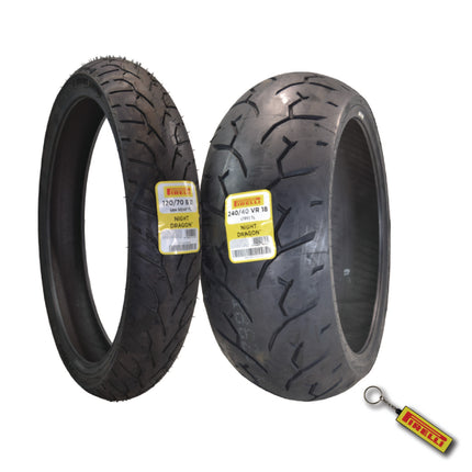 Pirelli Night Dragon Tire Set: 120/70B21 M/C 68H REINFTL Front & 240/40VR18 M/C 79V TL Rear Cruiser Motorcycle Tires - Superior Traction & Handling for High-Performance Cruisers with Keychain