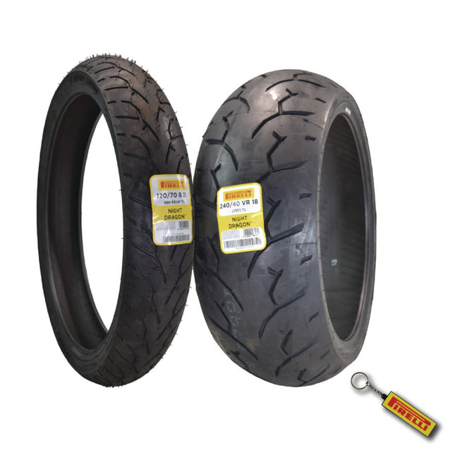 Pirelli Night Dragon Tire Set: 120/70B21 M/C 68H REINFTL Front & 240/40VR18 M/C 79V TL Rear Cruiser Motorcycle Tires - Superior Traction & Handling for High-Performance Cruisers with Keychain