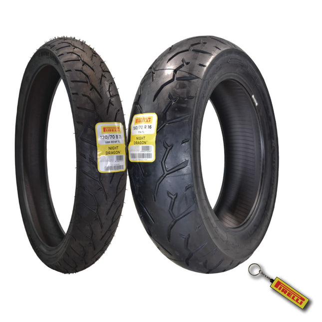 Pirelli Night Dragon Tire Set: 120/70B21 M/C 68H REINFTL Front & 180/70R16 M/C 77H TL Rear Cruiser Motorcycle Tires - Superior Traction & Handling for High-Performance Cruisers with Keychain