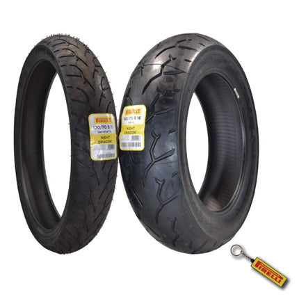 Pirelli Night Dragon Tire Set: 120/70B21 M/C 68H REINFTL Front & 180/70R16 M/C 77H TL Rear Cruiser Motorcycle Tires - Superior Traction & Handling for High-Performance Cruisers with Keychain