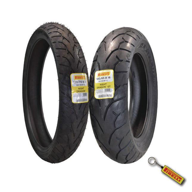 Pirelli Night Dragon Tire Set: 120/70B21 M/C 68H REINFTL Front & Night Dragon GT180/65B16 M/C 81H REINFTL Rear Motorcycle Tires - Superior Traction for High-Performance Cruisers with Keychain
