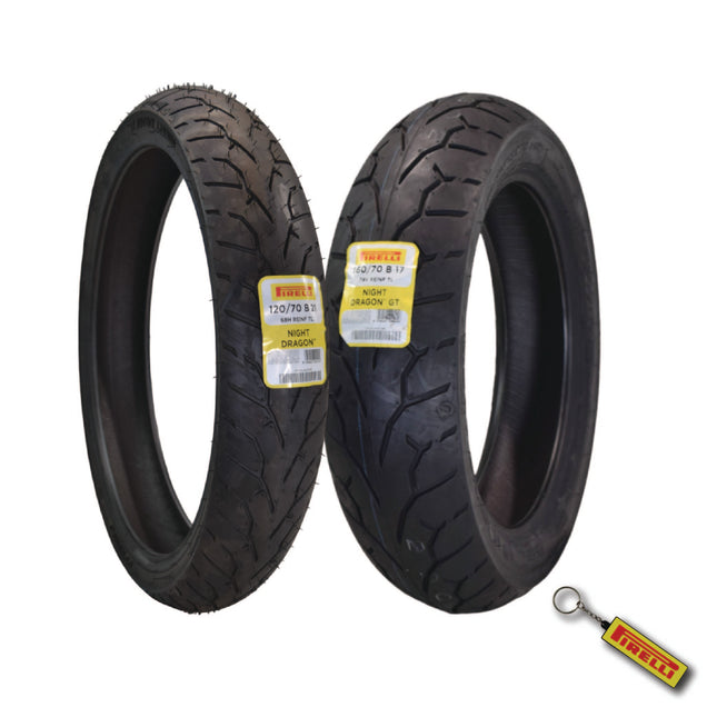 Pirelli Night Dragon Tire Set: 120/70B21 M/C 68H REINFTL Front & 160/70B17 M/C 79V REINFTL Rear Cruiser Motorcycle Tires - Superior Traction & Handling for High-Performance Cruisers with Keychain