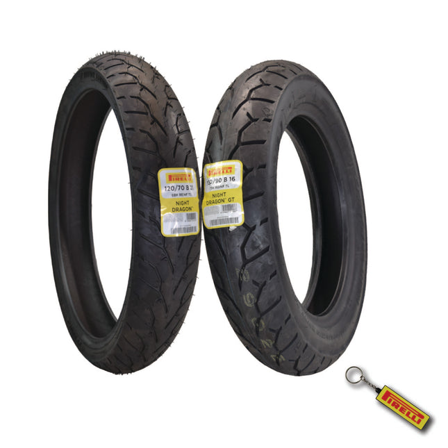 Pirelli Night Dragon Tire Set: 120/70B21 M/C 68H REINFTL Front & 130/90B16 M/C 73H REINFTL Rear Cruiser Motorcycle Tires - Superior Traction & Handling for High-Performance Cruisers with Keychain