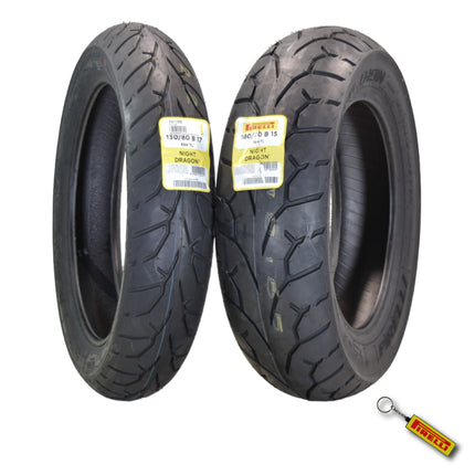 Pirelli Night Dragon Tire Set: 130/80B17 M/C 65H TL Front & 180/70B15 M/C 76H TL Rear Cruiser Motorcycle Tires - Superior Traction & Handling for High-Performance Cruisers with Keychain