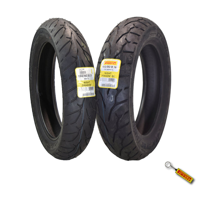 Pirelli Night Dragon Tire Set: 130/80B17 M/C 65H TL Front & 150/80B16 M/C 77H REINFTL Rear Cruiser Motorcycle Tires - Superior Traction & Handling for High-Performance Cruisers with Keychain