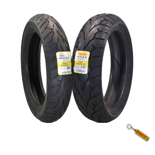 Pirelli Night Dragon Tire Set: 130/80B17 M/C 65H TL Front & 180/55B18 M/C 80H REINFTL Rear Cruiser Motorcycle Tires - Superior Traction & Handling for High-Performance Cruisers with Keychain