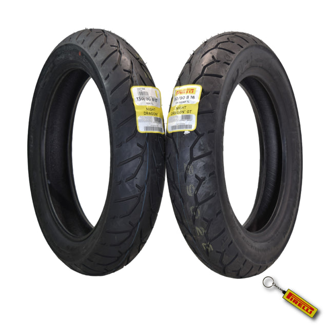 Pirelli Night Dragon Tire Set: 130/80B17 M/C 65H TL Front & 130/90B16 M/C 73H REINFTL Rear Cruiser Motorcycle Tires - Superior Traction & Handling for High-Performance Cruisers with Keychain