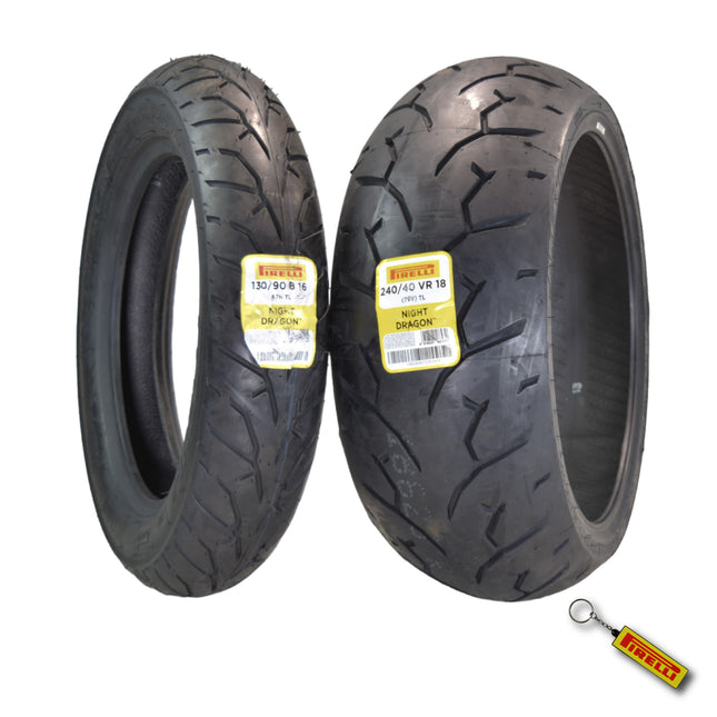Pirelli Night Dragon Tire Set: 130/90B16 M/C 73H REINFTL Front & 240/40VR18 M/C 79V TL Rear Cruiser Motorcycle Tires - Superior Traction & Handling for High-Performance Cruisers with Keychain