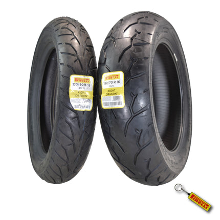 Pirelli Night Dragon Tire Set: 130/90B16 M/C 73H REINFTL Front & 180/70R16 M/C 77H TL Rear Cruiser Motorcycle Tires - Superior Traction & Handling for High-Performance Cruisers with Keychain
