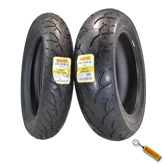 Pirelli Night Dragon Tire Set: 130/90B16 M/C 73H REINFTL Front & 180/70R16 M/C 77H TL Rear Cruiser Motorcycle Tires - Superior Traction & Handling for High-Performance Cruisers with Keychain