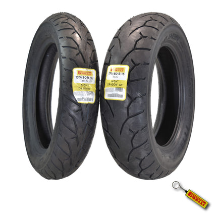 Pirelli Night Dragon Tire Set: 130/90B16 M/C 73H REINFTL Front & 170/80B15 M/C 77H TL Rear Cruiser Motorcycle Tires - Superior Traction & Handling for High-Performance Cruisers with Keychain