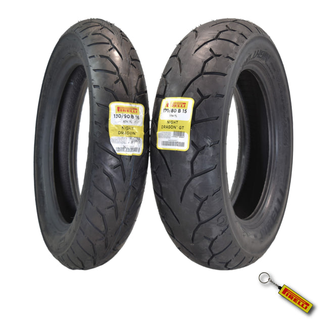 Pirelli Night Dragon Tire Set: 130/90B16 M/C 73H REINFTL Front & 170/80B15 M/C 77H TL Rear Cruiser Motorcycle Tires - Superior Traction & Handling for High-Performance Cruisers with Keychain