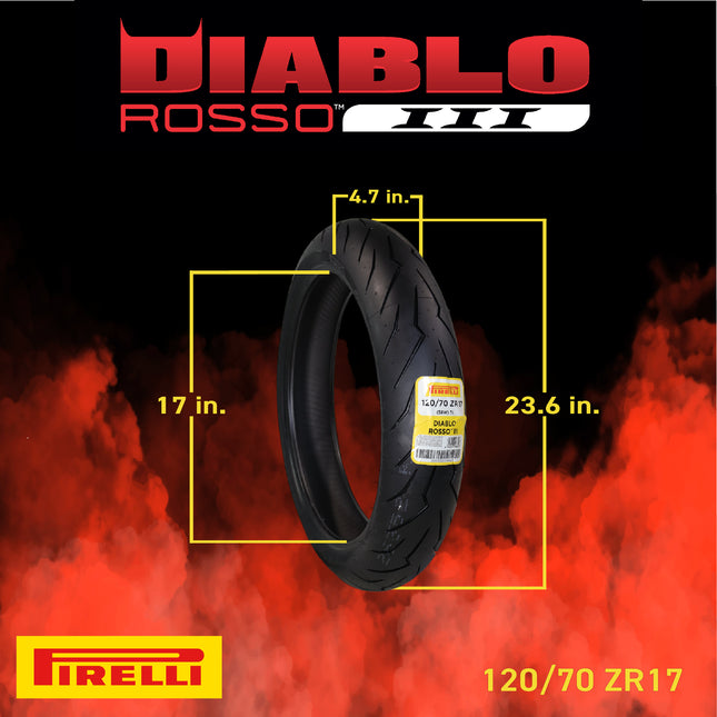 Pirelli Diablo Rosso III 120/70ZR17 58W Rear Motorcycle Tire - High Performance, Durable, & Reliable Tire for Sport/Street Bikes with Keychain