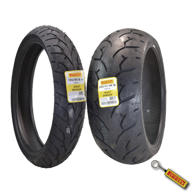 Pirelli Night Dragon Tire Set: 130/60B19 M/C 61H TL Front & 240/40VR18 M/C 79V TL Rear Cruiser Motorcycle Tires - Superior Traction & Handling for High-Performance Cruisers with Keychain