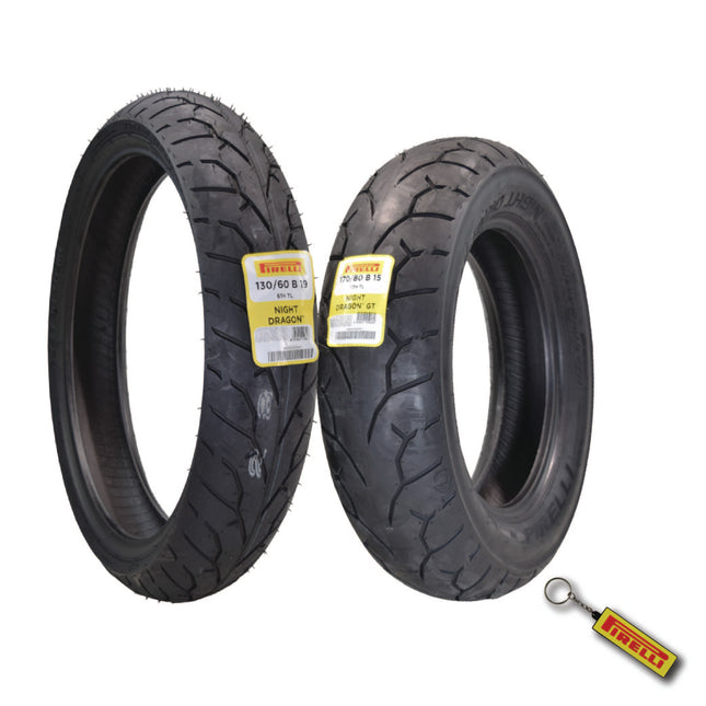 Pirelli Night Dragon Tire Set: 130/60B19 M/C 61H TL Front & 170/80B15 M/C 77H TL Rear Cruiser Motorcycle Tires - Superior Traction & Handling for High-Performance Cruisers with Keychain