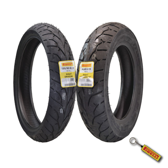 Pirelli Night Dragon Tire Set: 130/60B19 M/C 61H TL Front & Night Dragon GT MU85B16 M/C 77H TL Cruiser Rear Motorcycle Tires - Superior Traction & Handling for High-Performance with Keychain