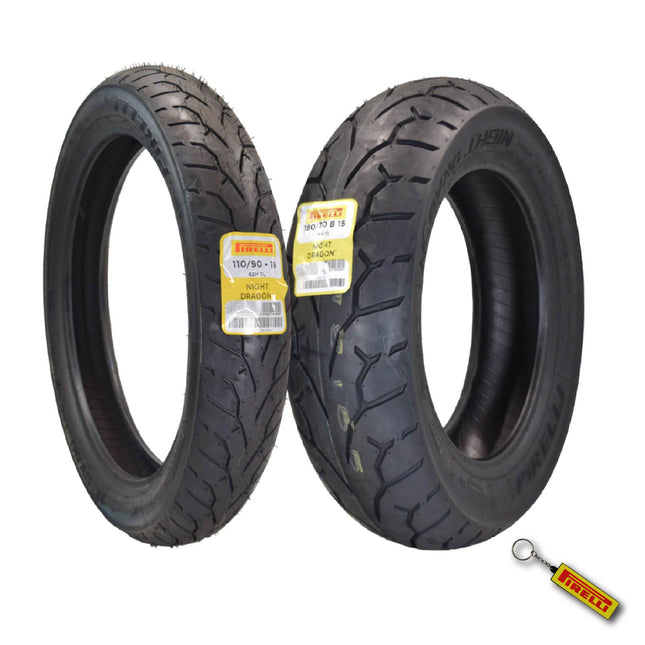 Pirelli Night Dragon Tire Set: 110/90-19 M/C 62H TL Front & 180/70B15 M/C 76H TL Rear Cruiser Motorcycle Tires - Superior Traction & Handling w/Keychain