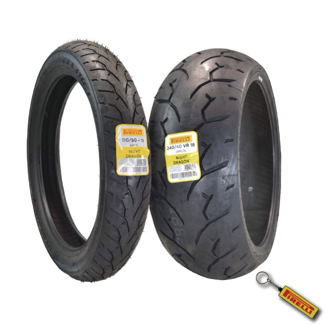 Pirelli Night Dragon Tire Set: 110/90-19 M/C 62H TL Front & 240/40VR18 M/C 79V TL Rear Cruiser Motorcycle Tires - Superior Traction & Handling w/Keychain