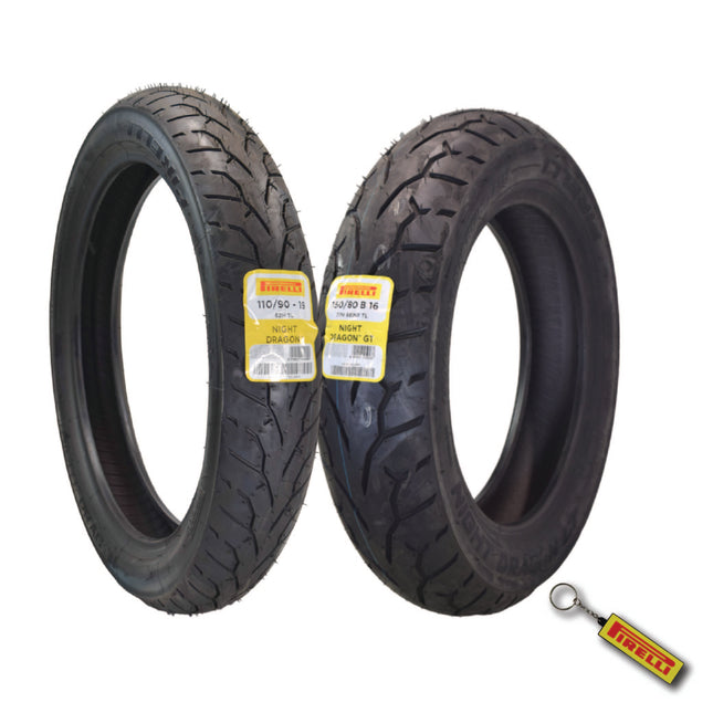 Pirelli Night Dragon Tire Set: 110/90-19 M/C 62H TL Front & Night Dragon GT 150/80B16 M/C 77H REINFTL Rear Cruiser Motorcycle Tires - Superior Traction & Handling w/Keychain