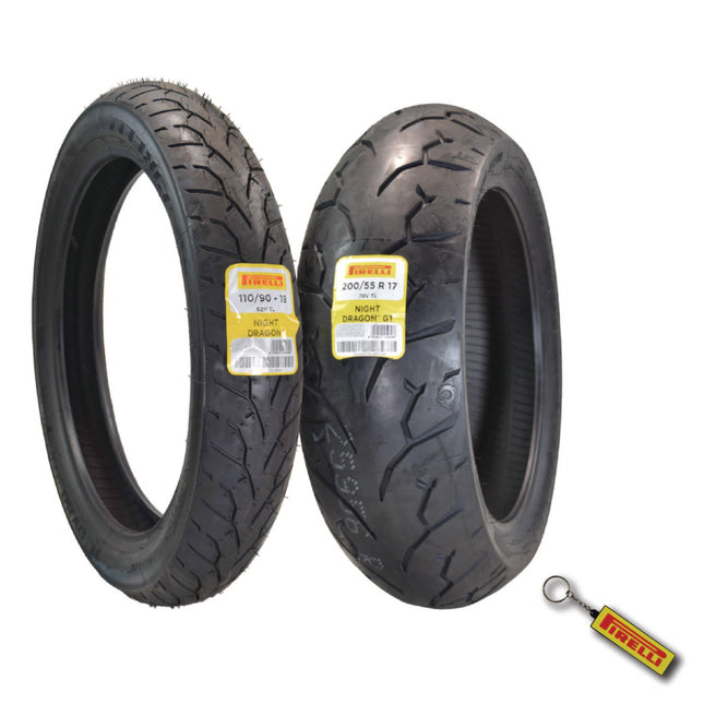 Pirelli Night Dragon Tire Set: 110/90-19 M/C 62H TL Front & Night Dragon GT 200/55R17 M/C 78V TL Rear Cruiser Motorcycle Tires - Superior Traction & Handling w/Keychain