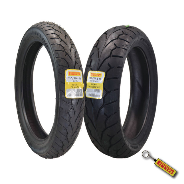 Pirelli Night Dragon Tire Set: 110/90-19 M/C 62H TL Front Tire & Night Dragon GT 180/55B18 M/C 80H REINFTL Rear Tire for Cruiser Motorcycles - Superior Traction & Handling w/Keychain