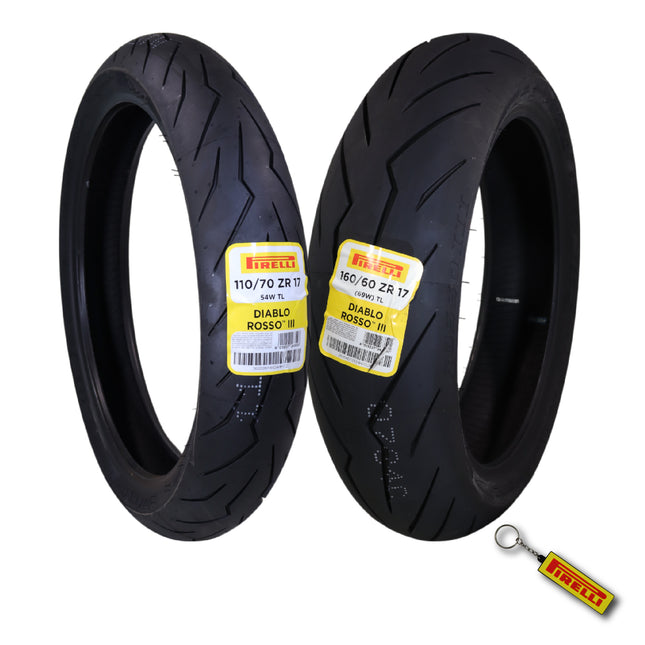 Pirelli Diablo Rosso III 110/70ZR17 Front & 160/60ZR17 Rear Motorcycle Tire Set - High Performance, Durable, & Reliable Tire for Sport/Street Bikes with Keychain