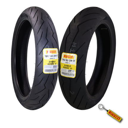 Pirelli Diablo Rosso III 120/60ZR17 Front & 150/60ZR17 Rear Tires with Keychain
