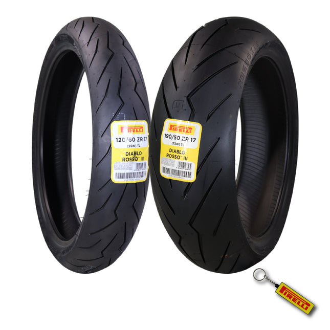 Pirelli Diablo Rosso III 120/60ZR17 Front & 190/50ZR17 Rear Motorcycle Tire Set - High Performance, Durable, & Reliable Tire for Sport/Street Bikes with Keychain