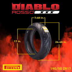 Pirelli Diablo Rosso III 120/60ZR17 Front & 190/50ZR17 Rear Motorcycle Tire Set - High Performance, Durable, & Reliable Tire for Sport/Street Bikes with Keychain