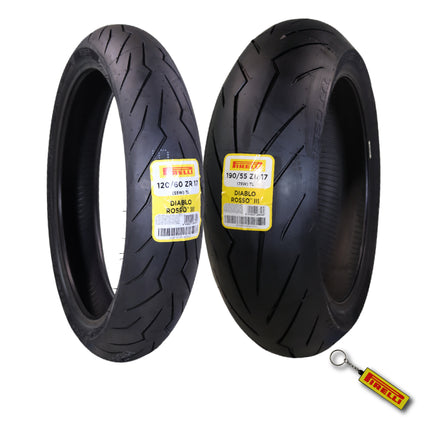 Pirelli Diablo Rosso III 120/60ZR17 Front & 190/55ZR17 Rear Motorcycle Tire Set - High Performance, Durable, & Reliable Tire for Sport/Street Bikes with Keychain