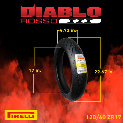 Pirelli Diablo Rosso III 120/60ZR17 Front & 200/55ZR17 Rear Motorcycle Tire Set - High Performance, Durable, & Reliable Tire for Sport/Street Bikes with Keychain