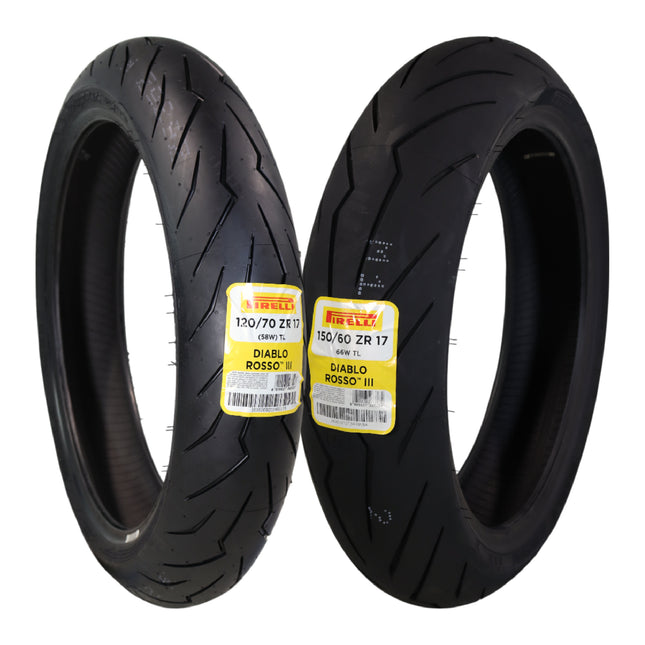 Pirelli Diablo Rosso III 120/70ZR17 Front & 150/60ZR17 Rear Motorcycle Tire Set - High Performance, Durable, & Reliable Tire for Sport/Street Bikes with Keychain