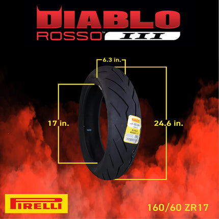 Pirelli Diablo Rosso III 120/70ZR17 Front & 160/60ZR17 Rear Motorcycle Tire Set - High Performance, Durable, & Reliable Tire for Sport/Street Bikes with Keychain
